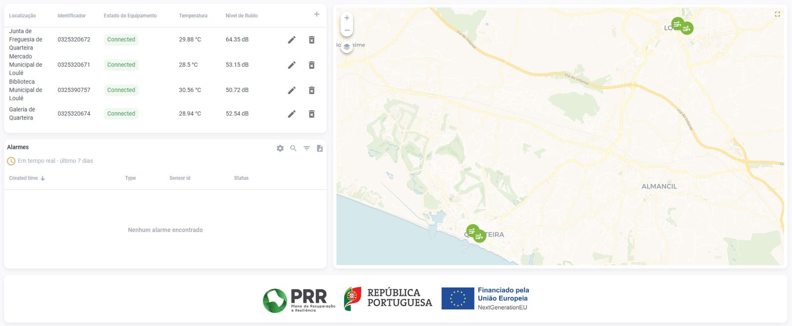 Operations dashboard with a connected device list and a map of the monitoring stations.