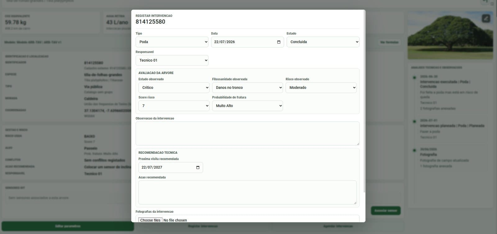 Registering an intervention: type, date, state, tree assessment, technical recommendation and photos.