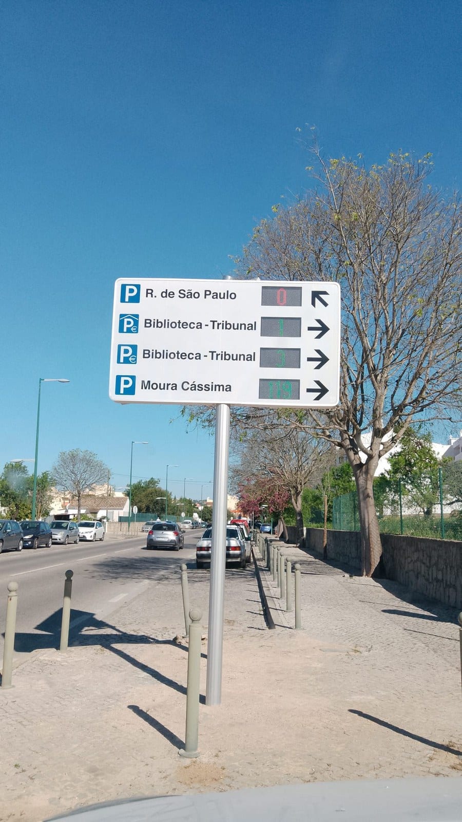 Painel de orientação de estacionamento em Loulé, com quatro parques e a disponibilidade em tempo real.